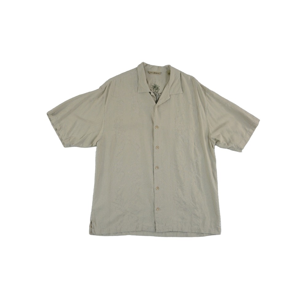 Tommy Bahama Shirt Mens Size Large Beige 100% Silk Elephant Palm Camp Collar